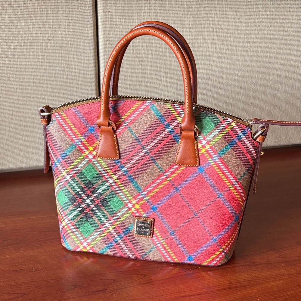 Dooney & Bourke Red Green Plaid Satchel with Tan Trim